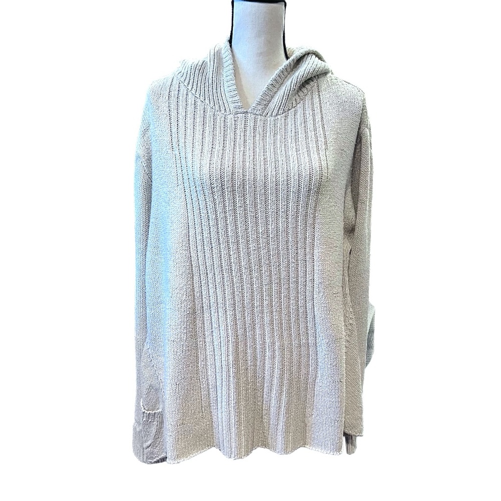EILEEN FISHER NATURAL BEIGE HOODED BOXY RIBBED HEAVY KNIT SILK COTTON SWEATER